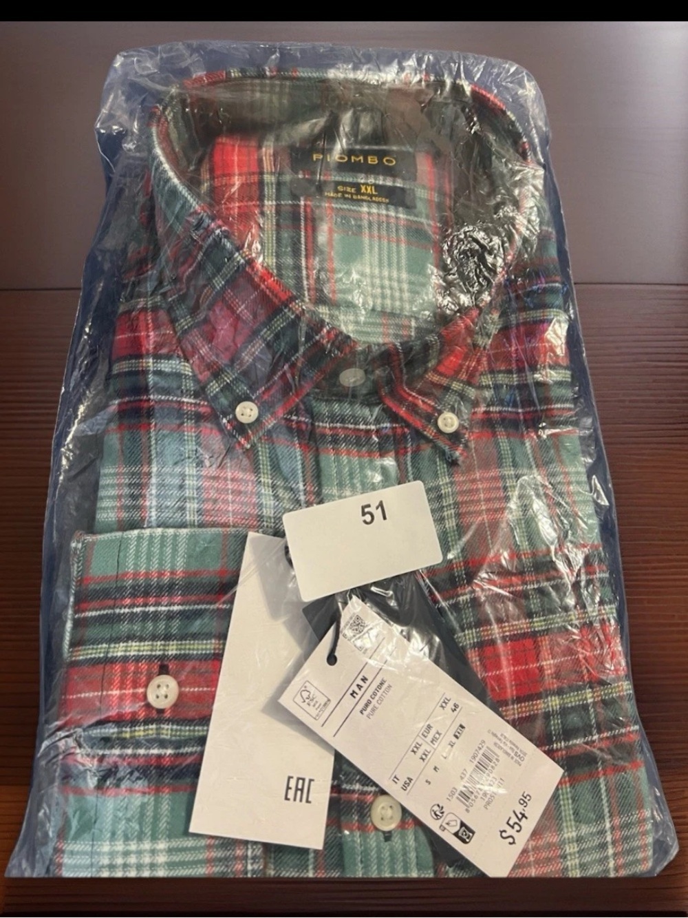Piombo Men’s XXL Plaid Flannel Button Down Shirt Red/Green NWT